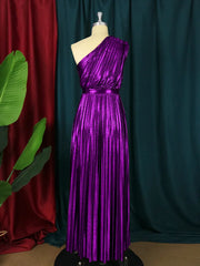 High Quality Sleeveless One Shoulder Luxury Metallic Pleated Long Dress