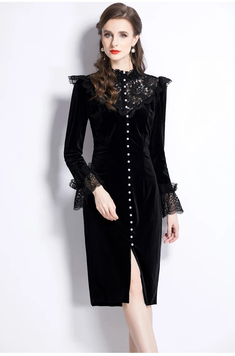 High Quality Bodycon Bodycon Pearl Buttons Flare Sleeve Lace Patchwork Velvet Dress