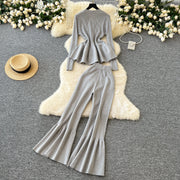 Fashion Luxury Women Sweater Suits Ruffles Slim Knitted Blouse + Elastic Long Flare Pant Two Piece Sets High Quality