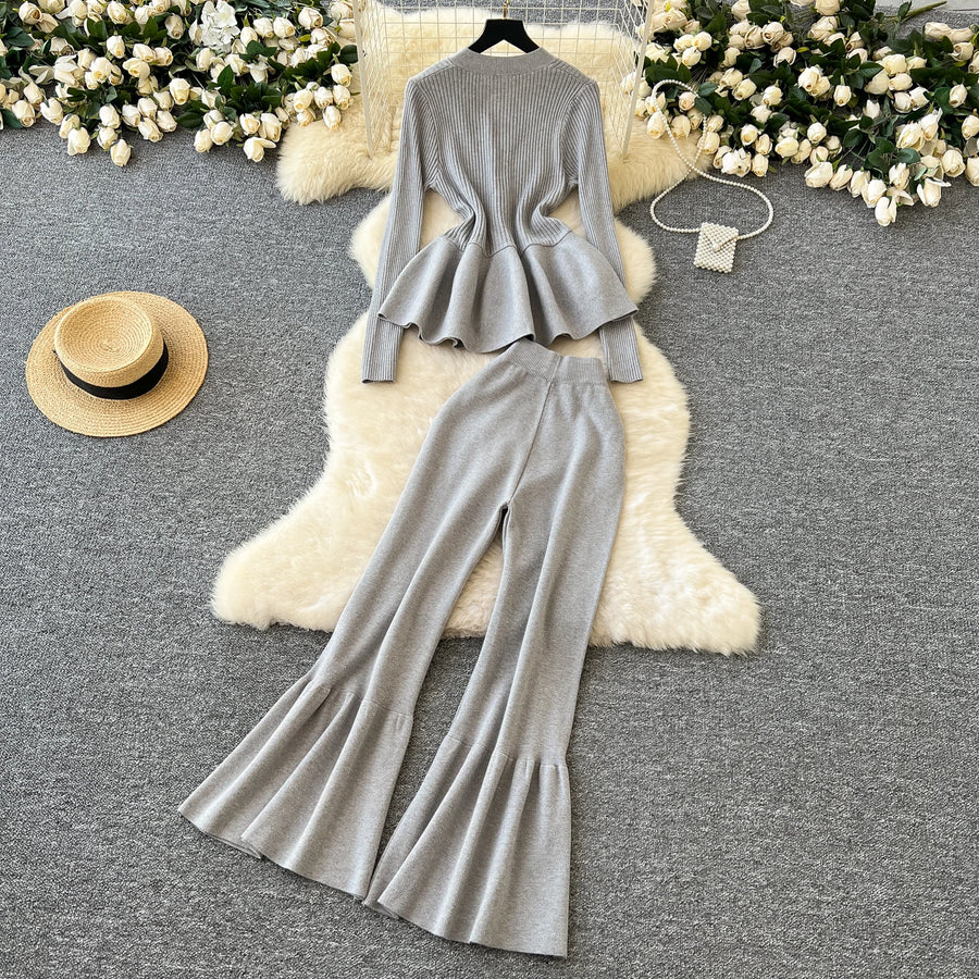 Fashion Luxury Women Sweater Suits Ruffles Slim Knitted Blouse + Elastic Long Flare Pant Two Piece Sets High Quality