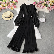 High Quality Lantern Sleeve Stretch Chiffon Wide Leg Deep V Neck Sexy Pleated Long Jumpsuit