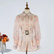 Ele High Waist Long Sve Printed Dr with Pearl Embelliment Slimming Effect irt Sle ort Pants Ensemble