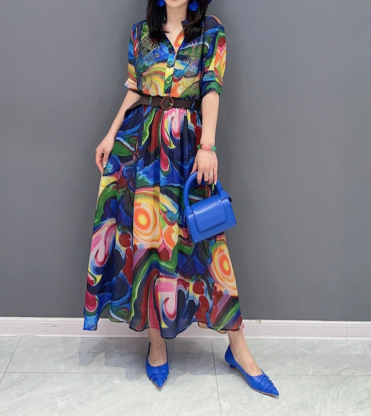 Multicolor three quarter sleeve midi dress with high quality belt