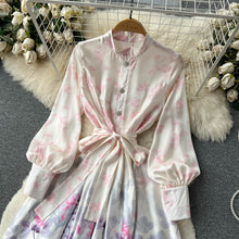 High Quality Satin Belted Floral Print Lantern Sleeve Dress