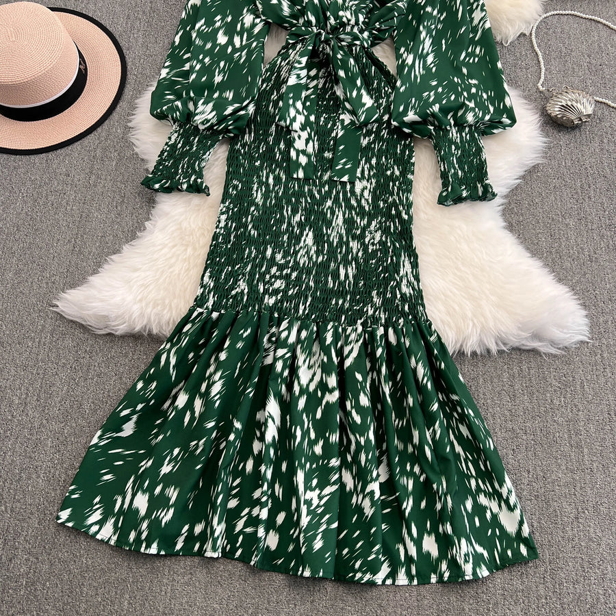Retro Sweet V Neck Slim Lace -up Print Autumn Summer Elegant Elastic Dress A-line Long Sleeve Vacation Women Mermaid Dresses