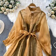 Fashion Temperament Bandage Slim Waist Dress Fairy Gauze Ruffled Long Robe Turn-down Collar Single Breasted Diamonds Vestidos