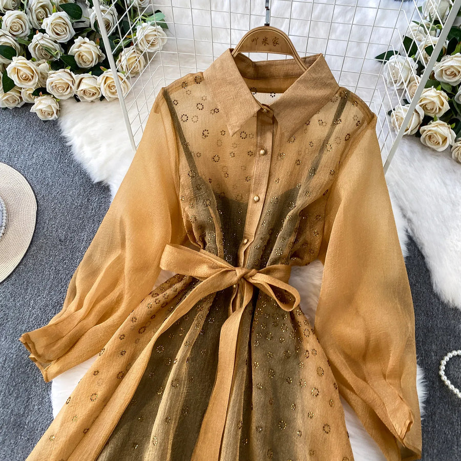 Fashion Temperament Bandage Slim Waist Dress Fairy Gauze Ruffled Long Robe Turn-down Collar Single Breasted Diamonds Vestidos