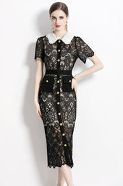 High Quality Button Pocket Lace Knee-Length Temperament Slim High Waist Pencil Dress