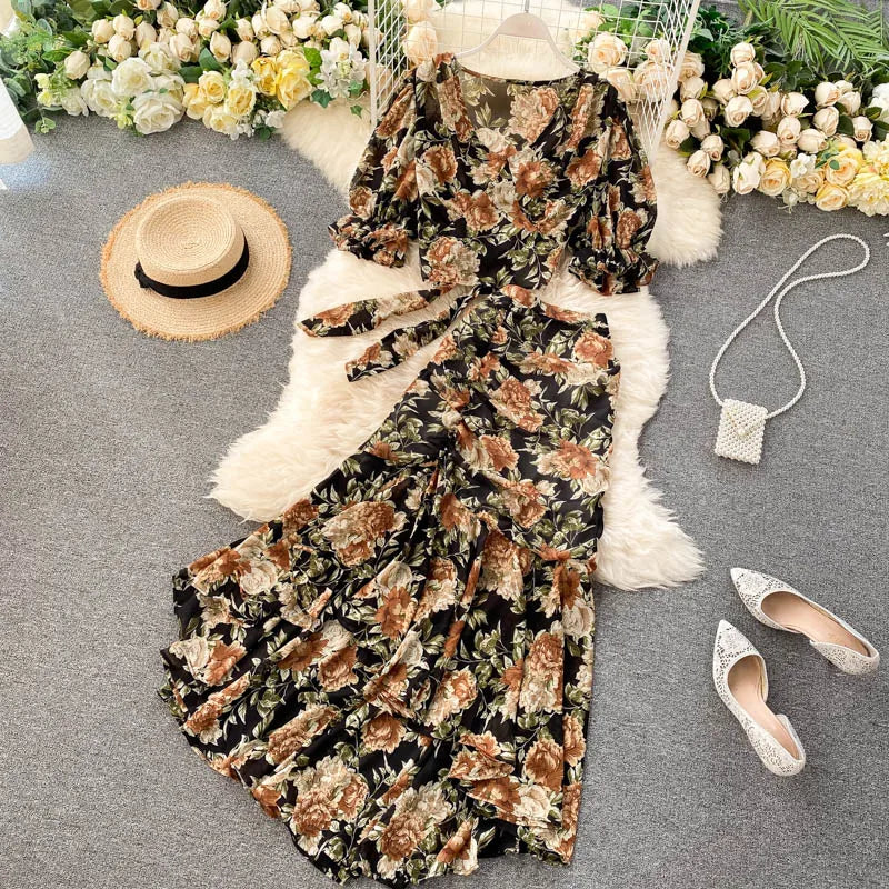 Sexy Two Pieces Sets Chic Bandage chiffon Shirt Top with sweet High Waist mermaid Skirt Beach Vacation Sets