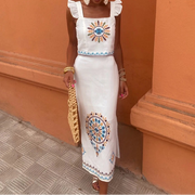 Women Vintage Printed Embroider High Waist Straight Skirt Set Elegant Backless Ruffle Pleated Tank Set Summer Lady Street Outfit