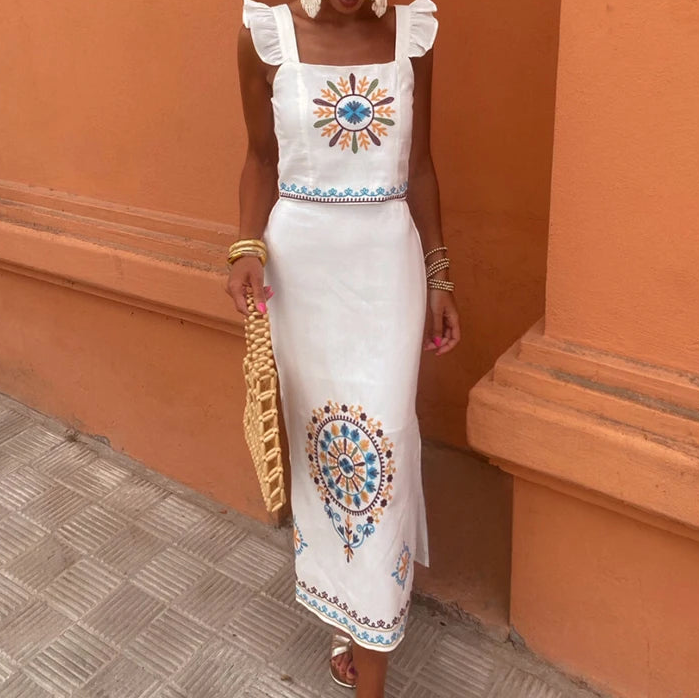 Women Vintage Printed Embroider High Waist Straight Skirt Set Elegant Backless Ruffle Pleated Tank Set Summer Lady Street Outfit