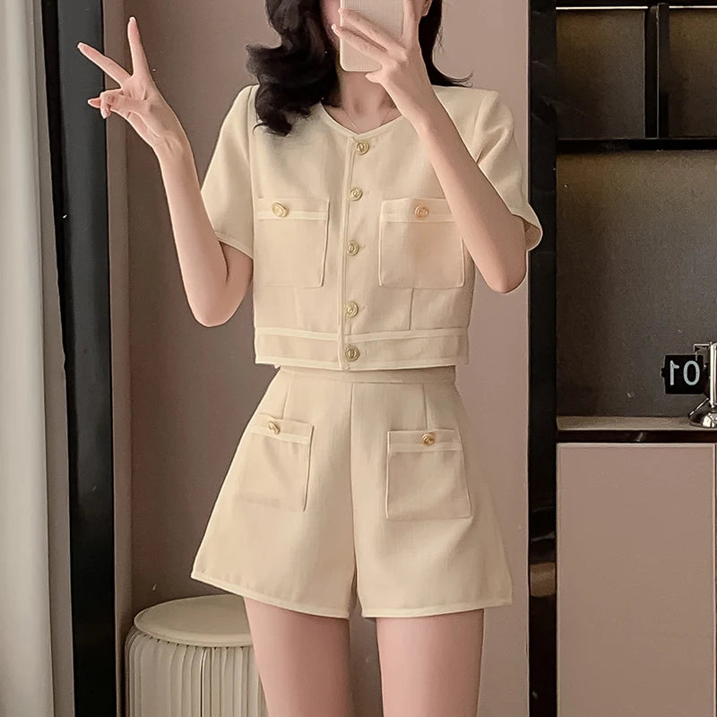 Two 2 Piece Shorts Sets Women Tweed Shorts Suits Office Ladies Single-Breasted Short Sleeve Jacket Coat High Waist Shorts S-XL