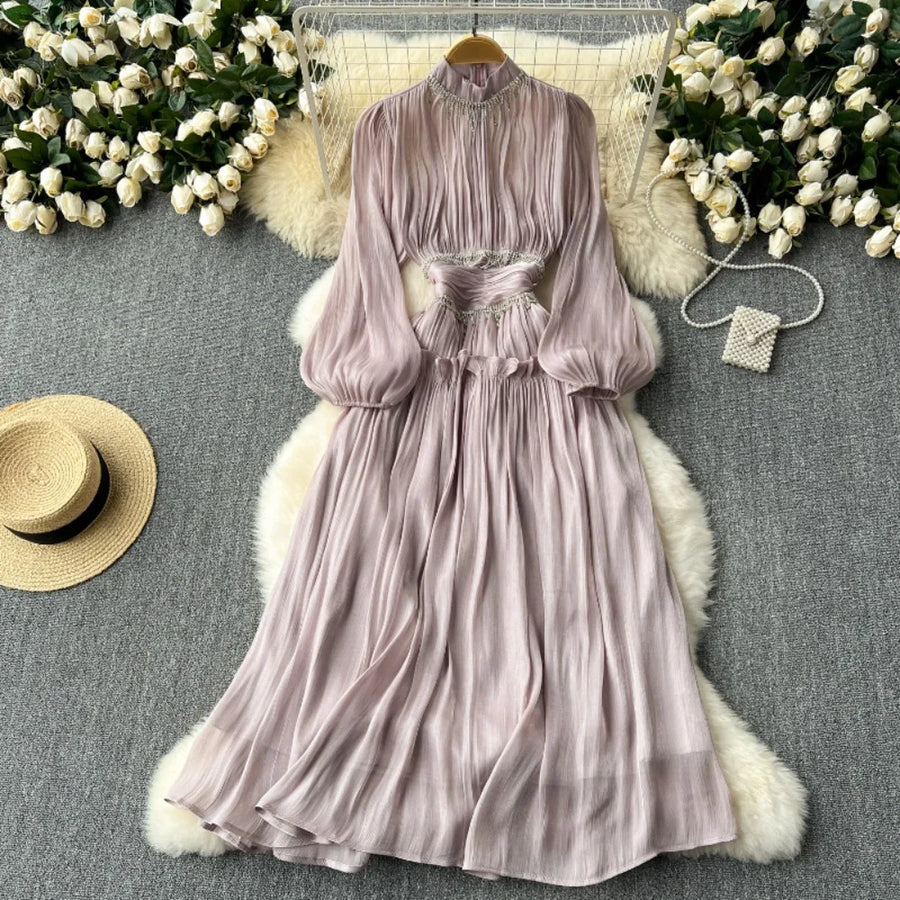 High Quality Stand Collar Flare Sleeve Big Swing Ribbed Bodycon Dress Purple-pink / L High Quality Stand Collar Flare Sleeve Big Swing Ribbed Bodycon Dress Purple-pink / L