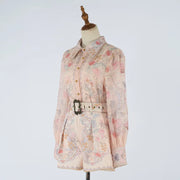 Ele High Waist Long Sve Printed Dr with Pearl Embelliment Slimming Effect irt Sle ort Pants Ensemble