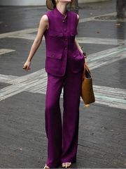 Summer Womens Sleeveless Linen Sets Stand Collar Fashion Office Lady Two Piece Vest Set Thin Full Length Wide Leg Pant Outfits