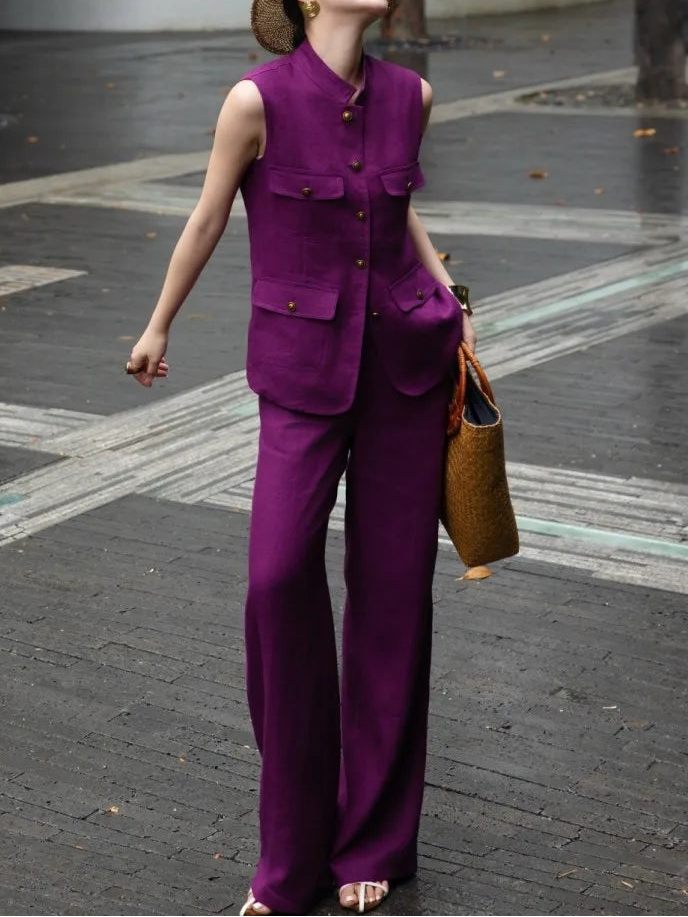 Summer Womens Sleeveless Linen Sets Stand Collar Fashion Office Lady Two Piece Vest Set Thin Full Length Wide Leg Pant Outfits