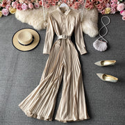 High Quality Long Sleeve High Waist Lace Up Pleated Vintage Jumpsuit