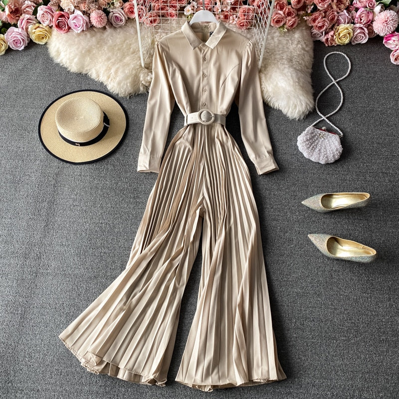 High Quality Long Sleeve High Waist Lace Up Pleated Vintage Jumpsuit