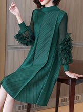 Women's Ruffle Mesh Pleated Midi Dress Long Sleeve Half High Neck Vintage Style Elegant High Quality
