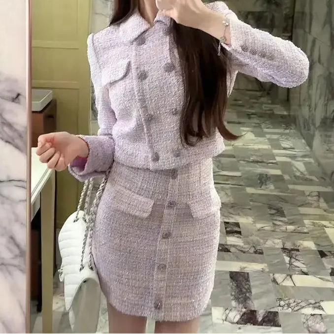 New Luxury High End Tweed Women's Two Pieces Set Elegant Lapel Double Breasted Slim Short Coat + Mini Skirt Fashion Suit