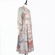 Floral print dress with long sleeves, high neck, and belt, high quality midi length
