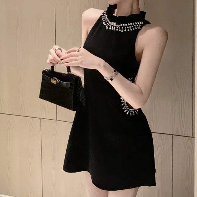 Elegant Mini Dresses Women Rhinestone Hollow Out French Style Ruffled Collar Slim Sleeveless Off Shoulder Black Sexy