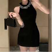 Elegant Mini Dresses Women Rhinestone Hollow Out French Style Ruffled Collar Slim Sleeveless Off Shoulder Black Sexy
