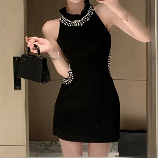 Elegant Mini Dresses Women Rhinestone Hollow Out French Style Ruffled Collar Slim Sleeveless Off Shoulder Black Sexy