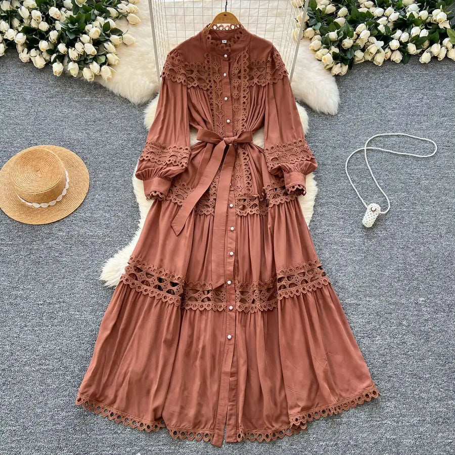 Elegant retro style slit maxi dress with pearl buttons and high-quality crochet embroidery