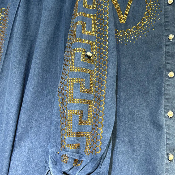 Streetwear Hot Drilling Women Denim Sets Diamonds Single-breasted Loose Long Sleeve Shirts Coat + Wide Leg Straight Jeans Suits