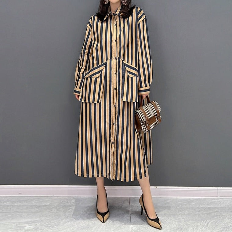 High Quality Long Sleeve Loose Khaki Striped Big Pocket Dress