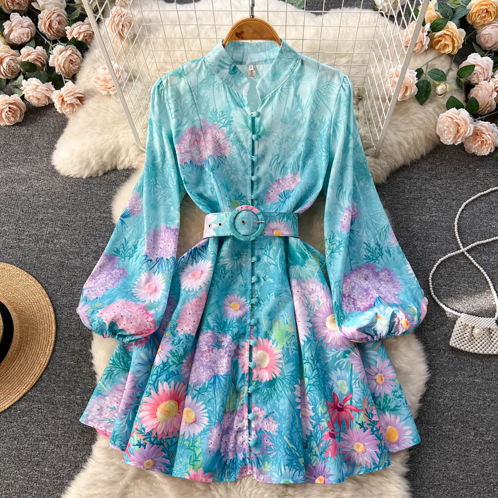 High Quality Floral Print Belted Long Flare Sleeve Stand Collar Flower Mini Dress