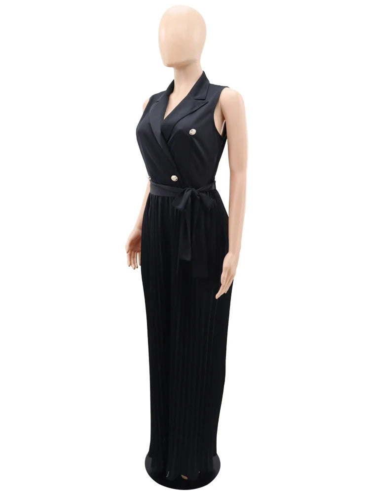 High Quality Back Notched Lapel Button Belt Wide Leg Pleated Sleeveless Jumpsuits