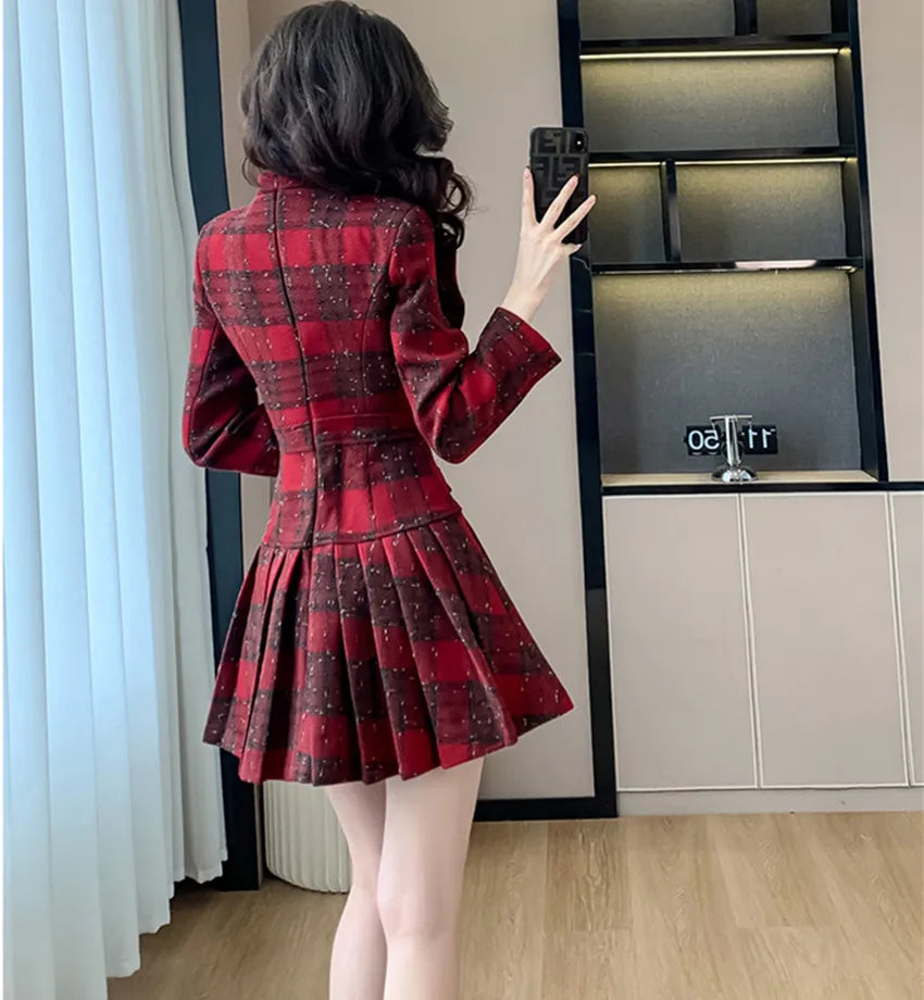 Short Plaid Tweed Dress with Metal Buttons and Big Bow High Quality