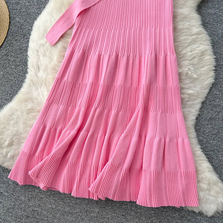 SINGREINY 1950s Ribbed Knit Dress Sleeveless Lapel Belt French Ins Chic Spring Summer Celebrity Style Feminine A-line Long Dress