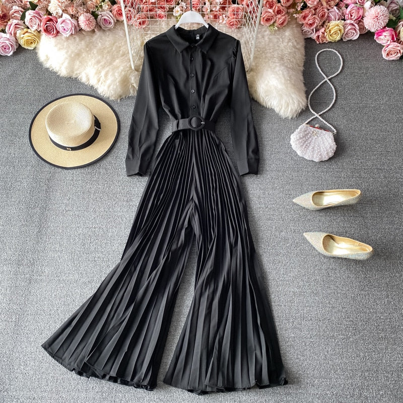 High Quality Long Sleeve High Waist Lace Up Pleated Vintage Jumpsuit