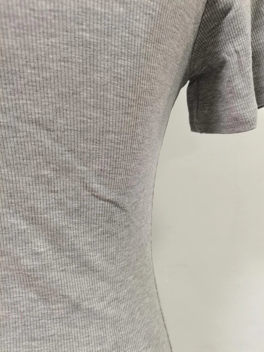 Casual plain pleated patchwork round neck short sleeve t-shirts with spliced metal buckle