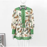 High Quality Single Breasted Long Flare Sleeve Loose Flower Print Pleated Mini Dress