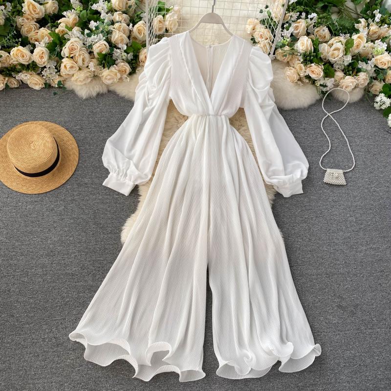 High Quality Lantern Sleeve Stretch Chiffon Wide Leg Deep V Neck Sexy Pleated Long Jumpsuit