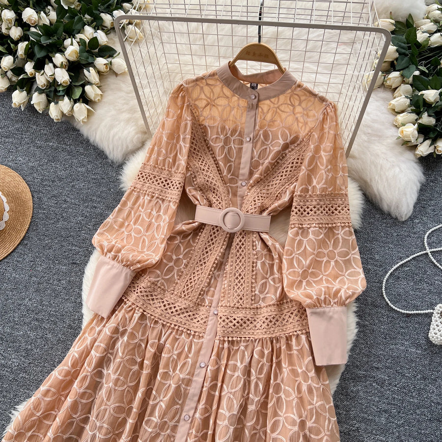Elegant round neck fitted long dress, vintage style, long lantern sleeves, embroidery, single breasted, French evening style