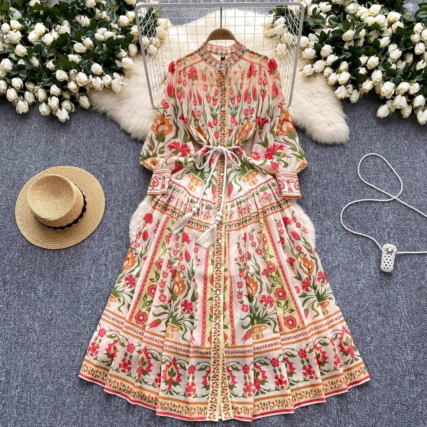 High quality bohemian style loose floral chiffon dress with long sleeves and bow print