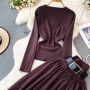 Women Elegant Office Two Piece Sets Autumn Winter Long Sleeved Standing Neck Sweater Top High Waist Slim A-line Long Skirt Suits