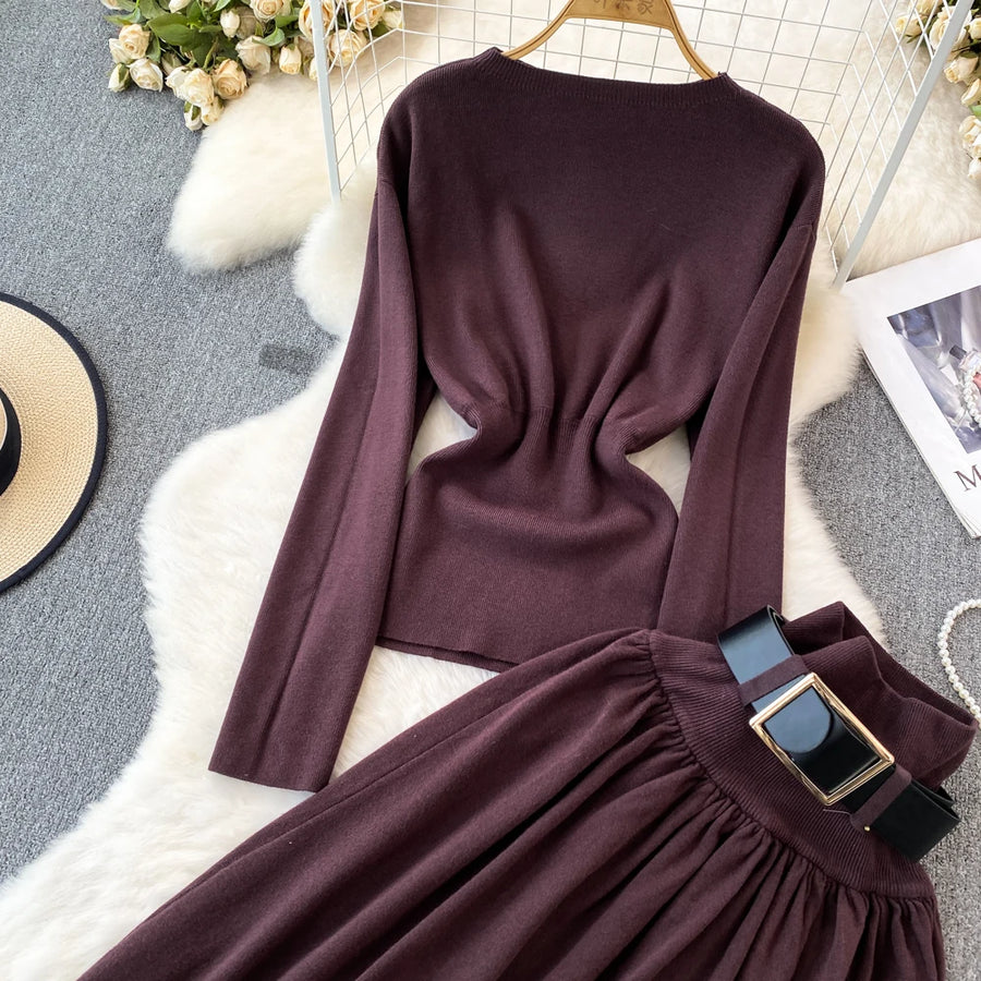 Women Elegant Office Two Piece Sets Autumn Winter Long Sleeved Standing Neck Sweater Top High Waist Slim A-line Long Skirt Suits