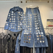 2-piece suit, large sequin shirt, pants and denim top, popular in European heavy industry, high-end, with wide-legged pants and fine beads.