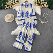 Women Two Piece Skirt Sets Shirt Muslim Suits Shirt Tops Full Sleeve Solid Wide Leg Pant Long Elegant Elastic Waist Summer 2025