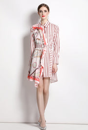 Striped Print Long Sleeve Dress, Silk Scarf Splicing Lace-up and High Quality Belt