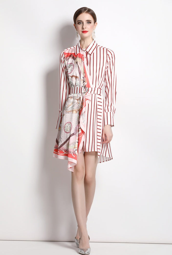 Striped Print Long Sleeve Dress, Silk Scarf Splicing Lace-up and High Quality Belt