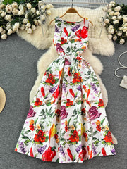 High Quality O Neck Sleeveless Floral Midi Dress