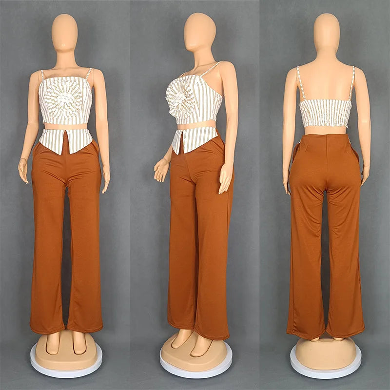 Short two-piece set with striped straps and floral appliqués, wide-legged pants