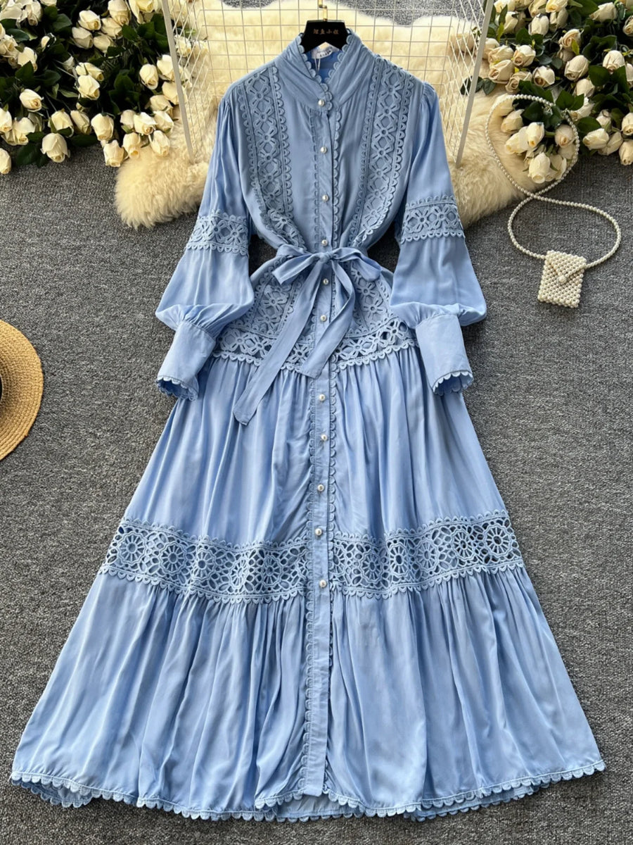 Elegant Long Lantern Sleeve Loose A Line Dress with Lace Patchwork and Pearl Buttons Belt High Quality